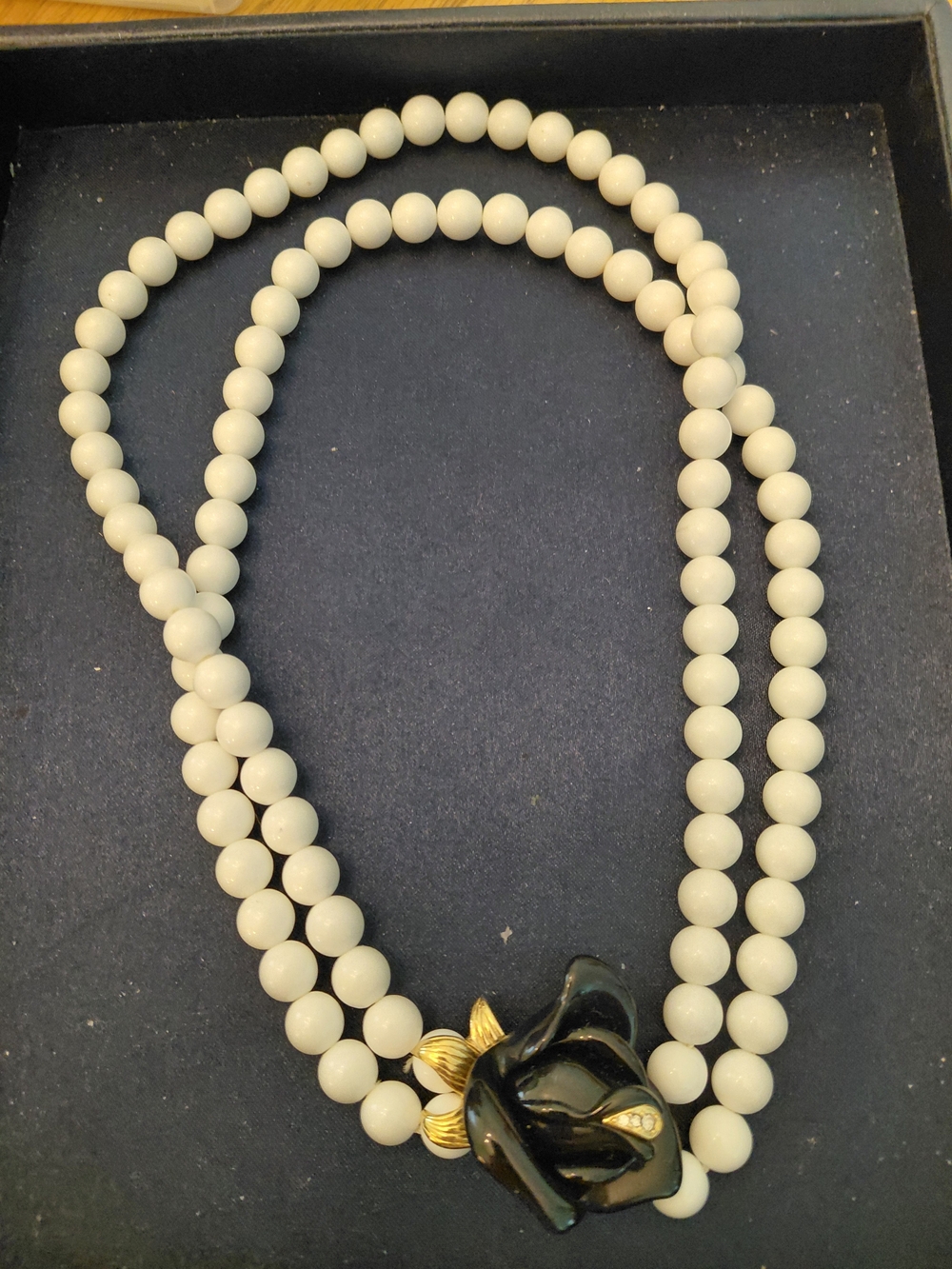 Kenneth Jay Lane White Beaded Necklace with Black Rose and Gold Accents
